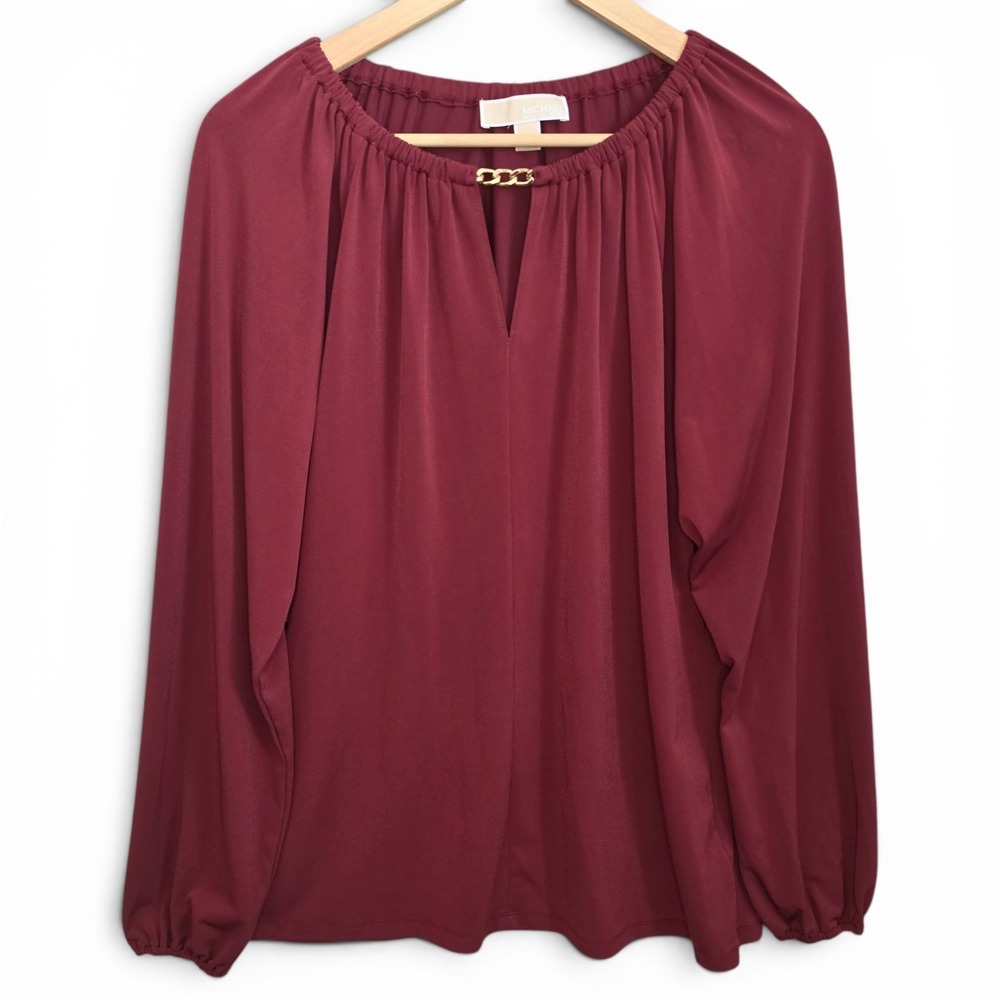 Michael Kors Top Womens Large Burgundy Keyhole Neck Blouse Long Sleeve Casual